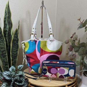 Coach RARE Vintage Multicolor Signature C Sateen Small Tote and Matching Wallet